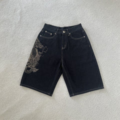 Derschutze Dragon Embroidered Retro Denim Shorts
