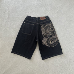 Derschutze Dragon Embroidered Retro Denim Shorts