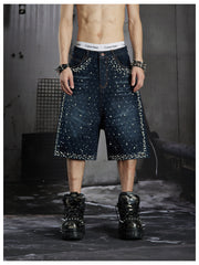NOMANIAI Dark punk distressed wash denim capri pants