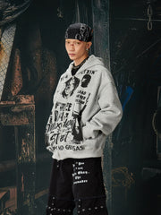 NOMANIAI Vintage printed punk loose short hooded jacket