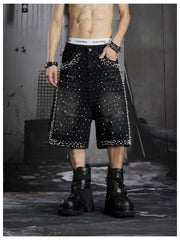 NOMANIAI Dark punk distressed wash denim capri pants