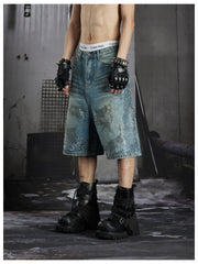 NOMANIAI Punk-style faded and studded short pants with rhinestones