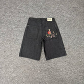 Derschutze Koi Fish Embroidered Denim Shorts