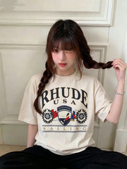 RHUDE American Retro Letter Print Loose Summer T-Shirt
