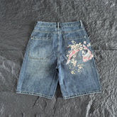 Derschutze Floral Embroidered Loose Denim Shorts