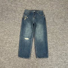 Derschutze Retro Distressed Embroidered Barrel Fit Jeans
