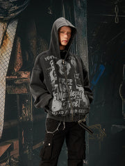 NOMANIAI Vintage printed punk loose short hooded jacket