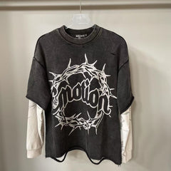 MIXED EMOTION Distressed Faux Layered Washed Sweatshirt