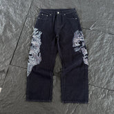 Derschutze Flame Skull Embroidered Loose Straight Jeans