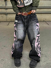 Jeans - American Retro Patterned Washed Denim Pants