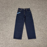 Derschutze Pinstripe Embroidered Loose Straight Jeans