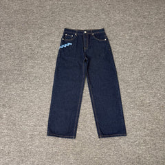 Derschutze Pinstripe Embroidered Loose Straight Jeans
