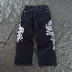 Derschutze Flame Skull Embroidered Loose Straight Jeans