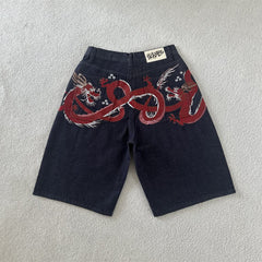 Derschutze Dragon Embroidered Retro Denim Shorts