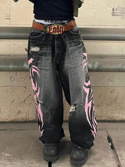 Jeans - American Retro Patterned Washed Denim Pants