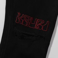 Ksubi Matte Black Red Embroidery Slim Denim Jeans
