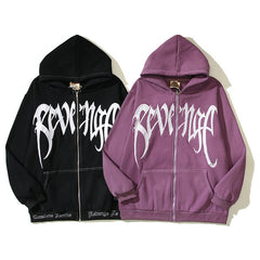 REVENGE embroidered loose fleece hooded sweater