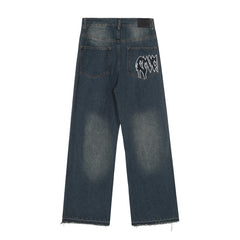 Revenge Smoke Embroidered Thorns Straight Denim Jeans