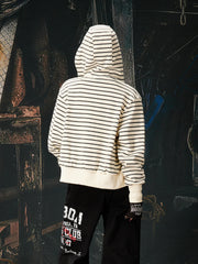 NOMANIAI Street Jersey Printed Striped Short Hooded Shirt
