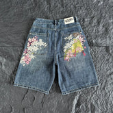 Derchutze Floral Embroidered Loose Denim Shorts