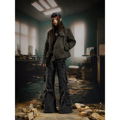 Unmanned island heavy industry, washing water, making old embroidery, antique copper rivets, short denim jacket, jacket, cotton clip for warmth