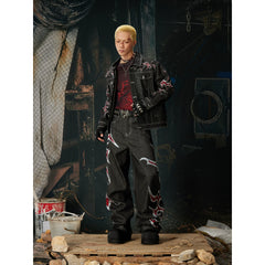 Unmanned island light Asia y2k high street hot stamping original cow loose short denim jacket jeans