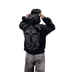 A heavyweight hoodie with a knitted cross pattern