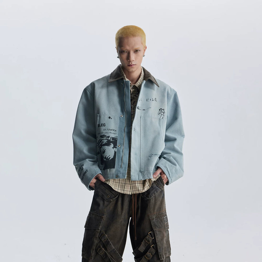 Unmanned Island Personalized Retro Double sided Printed Collar Leather Collar Zipper Jacket for Men and Women Trendy