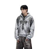 A knitted cross-shaped sword tie-dye distressed cardigan jacket