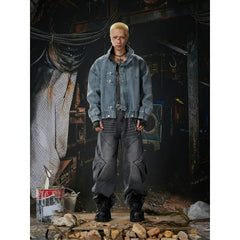 Unmanned Island New Product Waste Soil Used Workwear Stand up Collar Metal Aircraft Buckle Zipper Jacket Cowboy Jacket