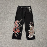 Derschutze Dragon Tiger Embroidered Loose Jeans