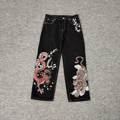Derschutze Dragon Tiger Embroidered Loose Jeans