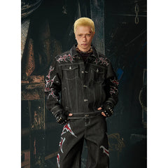 Unmanned island light Asia y2k high street hot stamping original cow loose short denim jacket jeans