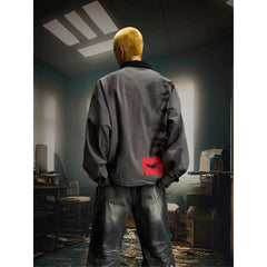 Unmanned island retro red and black washed patch denim digital spray painting Detroit jacket jacket top