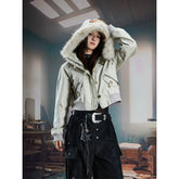 Unmanned island, detachable furry hooded lightweight punk slim fit ultra short jacket with zipper, trendy and cool women's style