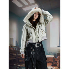 Unmanned island, detachable furry hooded lightweight punk slim fit ultra short jacket with zipper, trendy and cool women's style