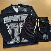 MIXED EMOTION Mesh Jersey Long Sleeve Shorts Set