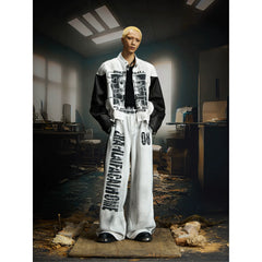 Unmanned island retro washed skull digital print splicing stand up collar PU leather jacket jacket jacket
