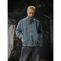 Unmanned Island New Product Waste Soil Used Workwear Stand up Collar Metal Aircraft Buckle Zipper Jacket Cowboy Jacket