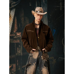 Unmanned Island New Product Plush Deconstructed Front Zipper Button Short Stand up Collar Jacket for Men and Women Spring and Autumn