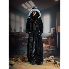 Unmanned island, detachable furry hooded lightweight punk slim fit ultra short jacket with zipper, trendy and cool women's style