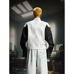 Unmanned island retro washed skull digital print splicing stand up collar PU leather jacket jacket jacket