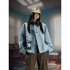 Unmanned Island Personalized Retro Double sided Printed Collar Leather Collar Zipper Jacket for Men and Women Trendy
