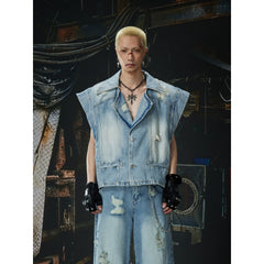 Unmanned Island New Product Light Asia Suit Gun Clash Collar Mix and Match Old Wear and Tear Washed Cowboy Vest Coat