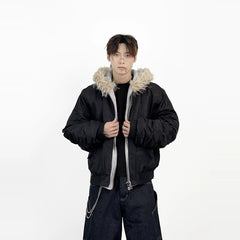 Aknife Winter Short Hair Collar Seat Mountain Carving Fake Two Piece Pilot Jacket