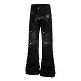 A knife punk leather flared denim pants