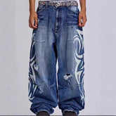 Jeans - American Retro Patterned Washed Denim Pants