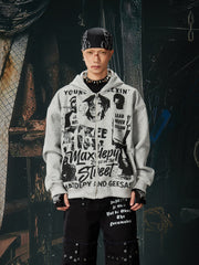 NOMANIAI Vintage printed punk loose short hooded jacket