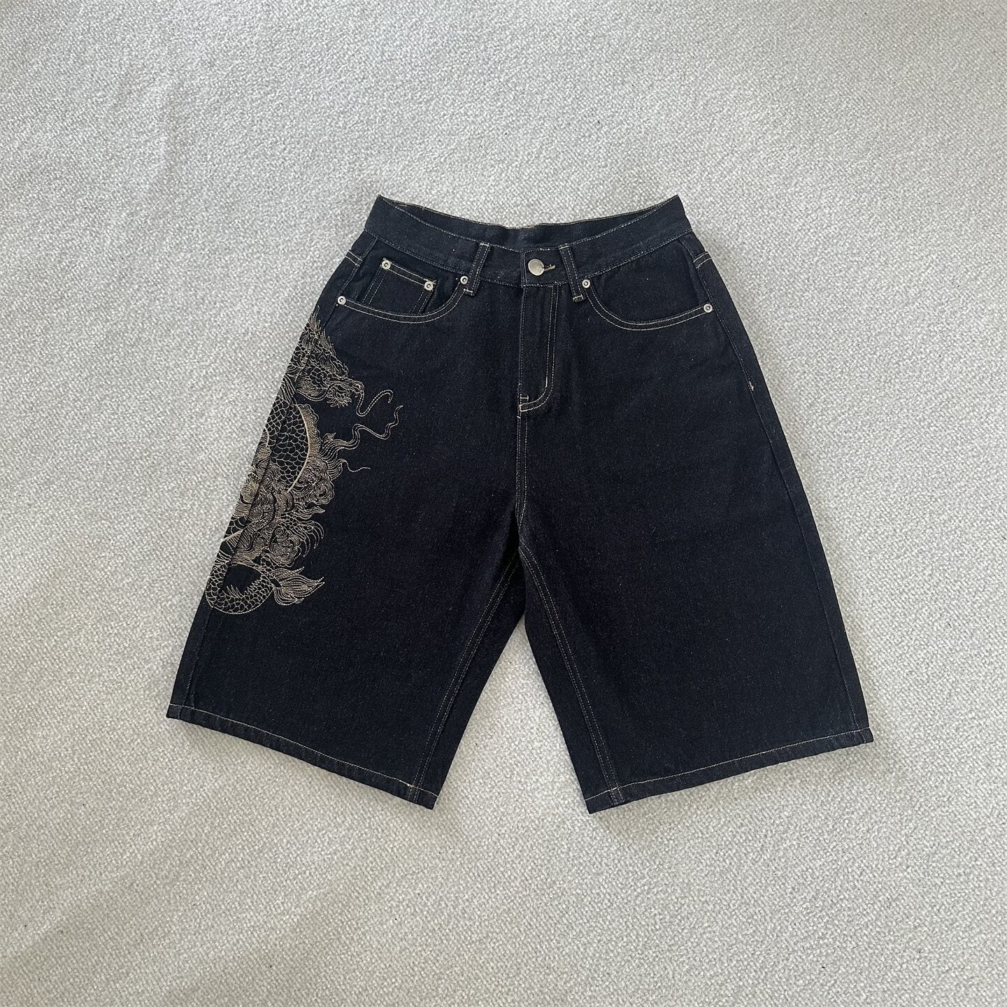 Derschutze Dragon Embroidered Retro Denim Shorts