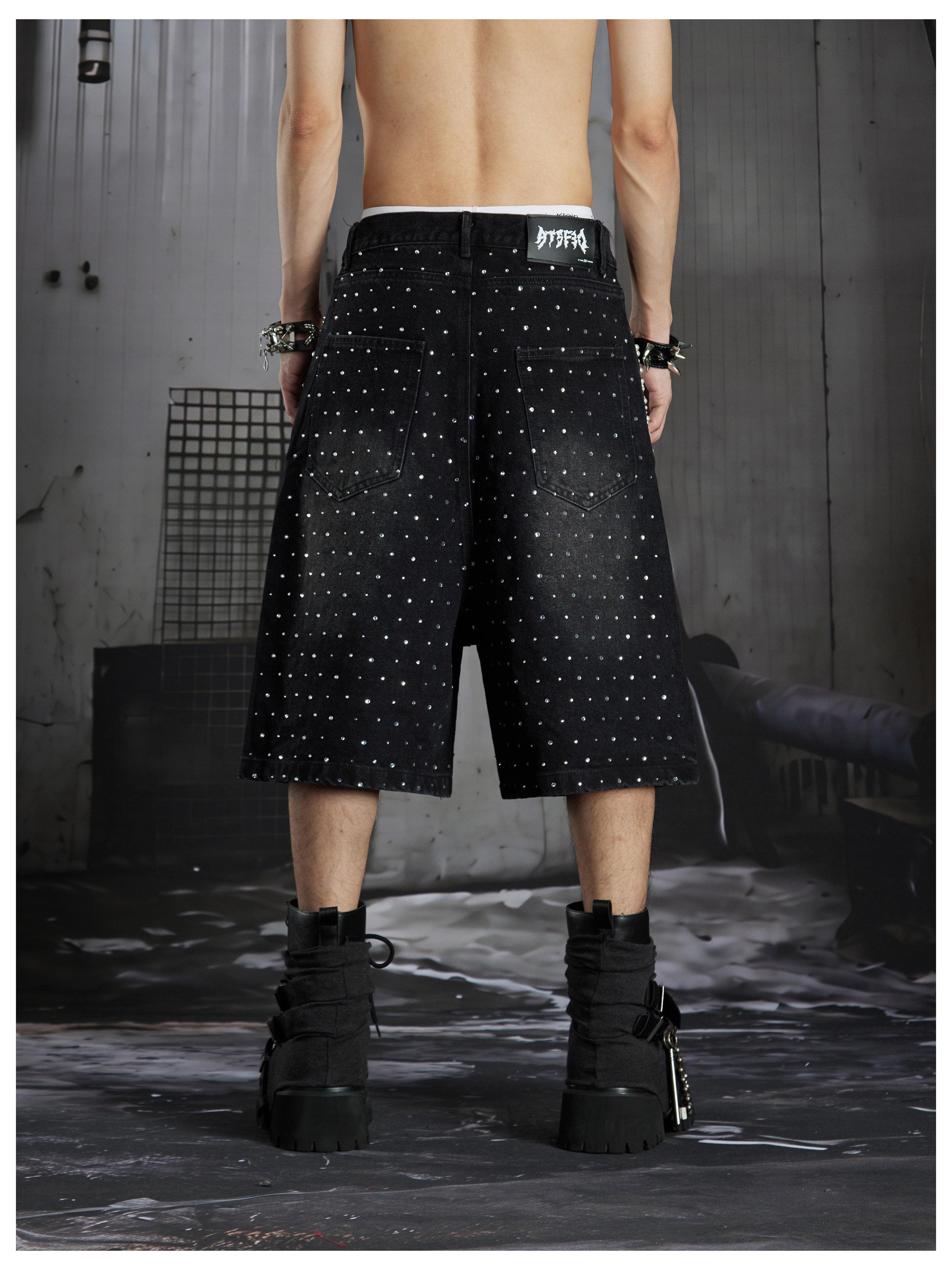 NOMANIAI Dark punk distressed wash denim capri pants